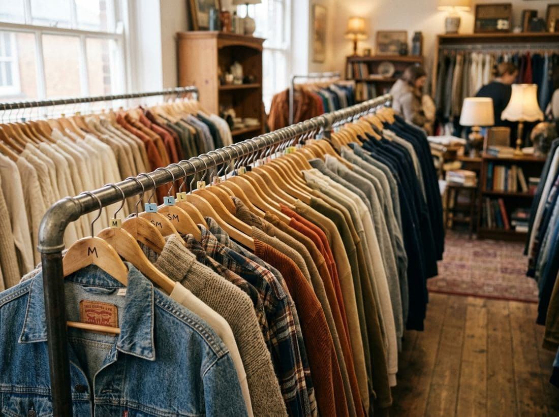 Wnętrze sklepu second-hand - wieszaki z odzieżą